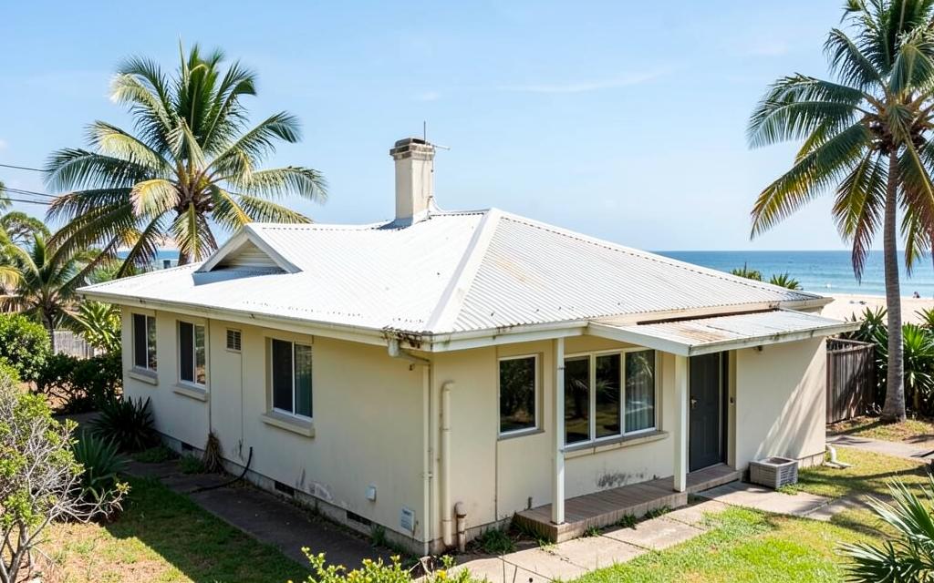 Coastal roof near the water at Trinity Beach affected by salt air