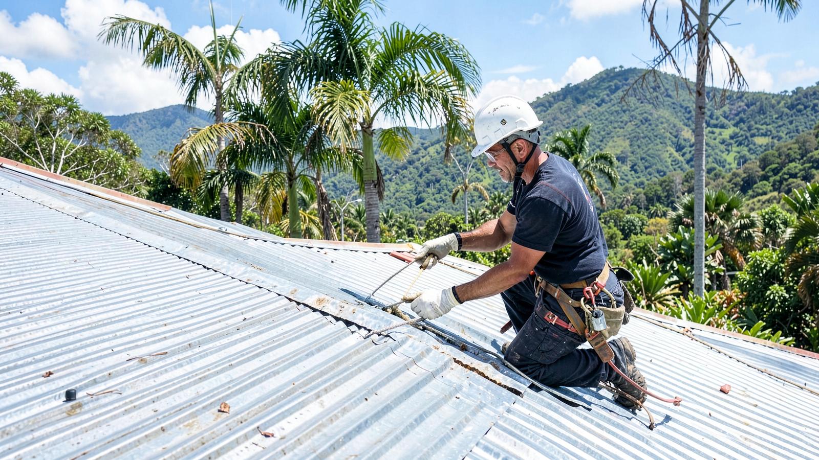 Roofer repairing a corrugated metal roof on a tropical home in Cairns