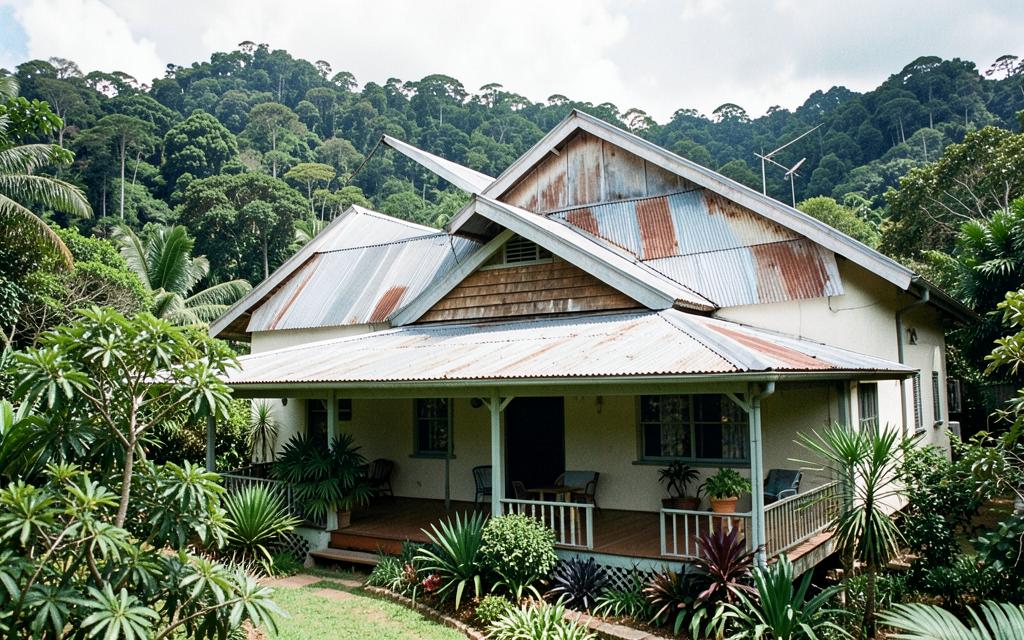 High-set Queenslander home with a steep corrugated tin roof in Cairns