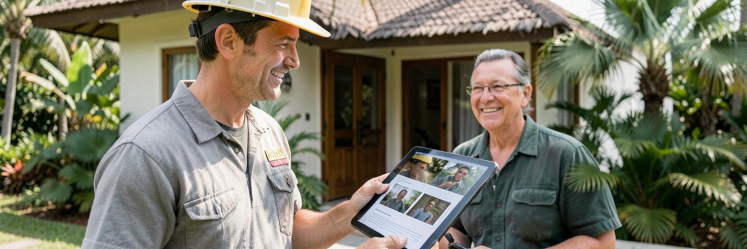 Cairns roofer talking a homeowner through inspection photos and a written quote